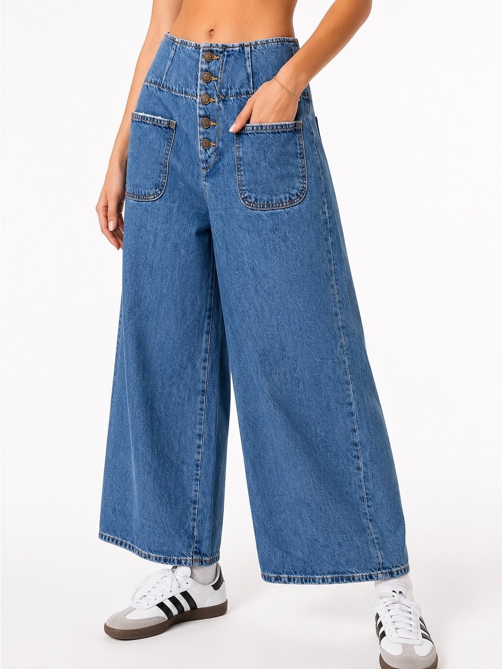 Free People Old West Wide Leg Jeans Cinch Back Button Fly Blue 28